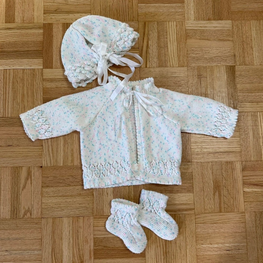 Vintage Handmade Knit Baby Set Cardigan Bonnet Booties White Pastel Confetti